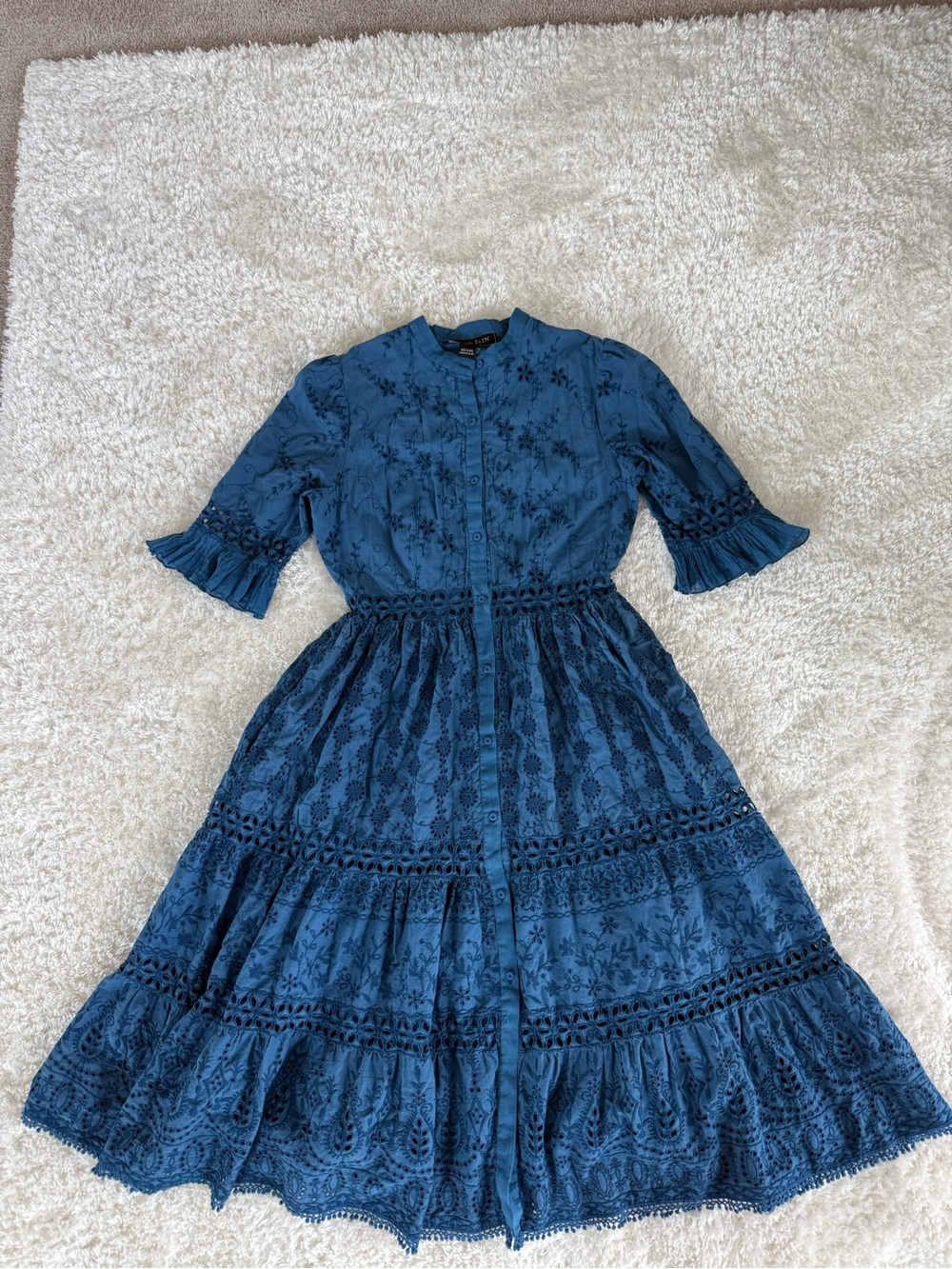 Payal Jain Embroidered Dress Blue Lace Midi Dress with Button Front